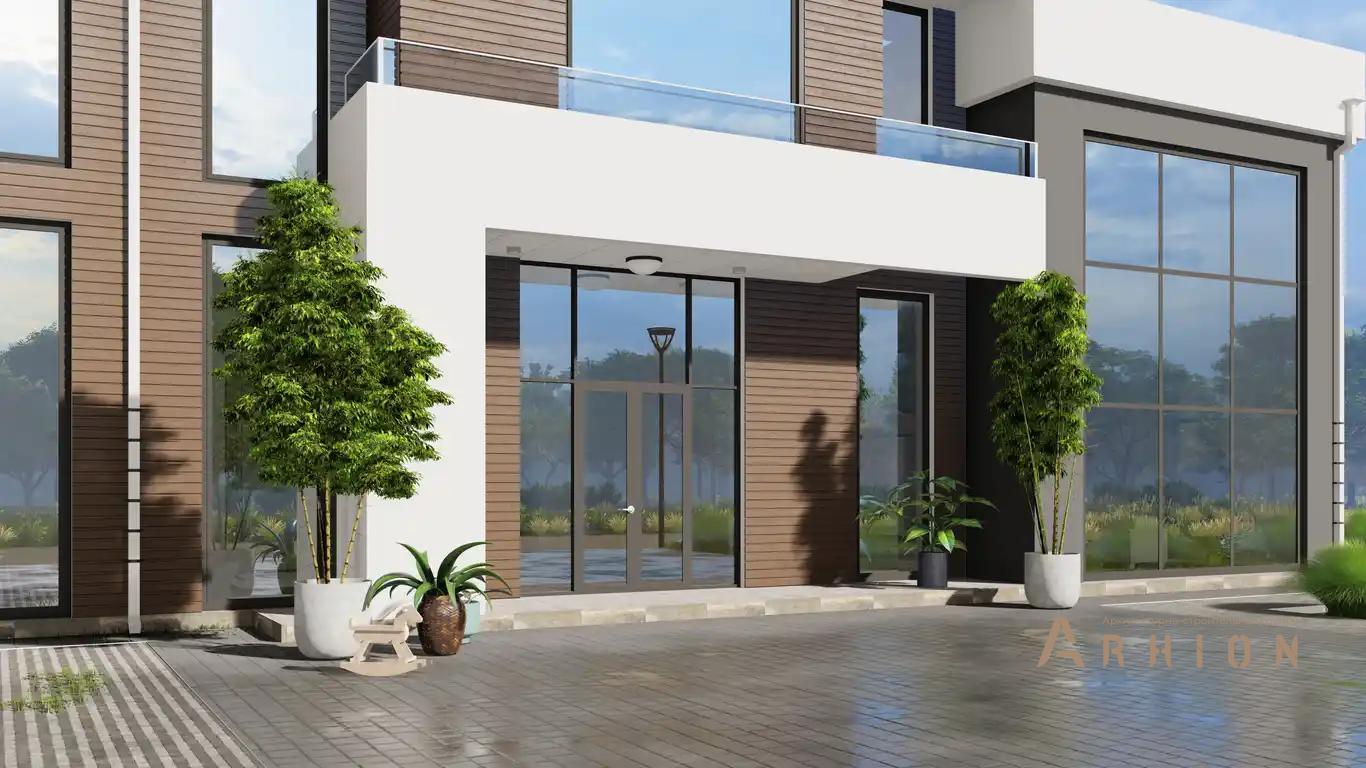 7. Проект двухэтажного дома в стиле хай-тек с плоской кровлей , h-1603, площадью - 639 кв c терассой, балконом, гаражом, вторым светом